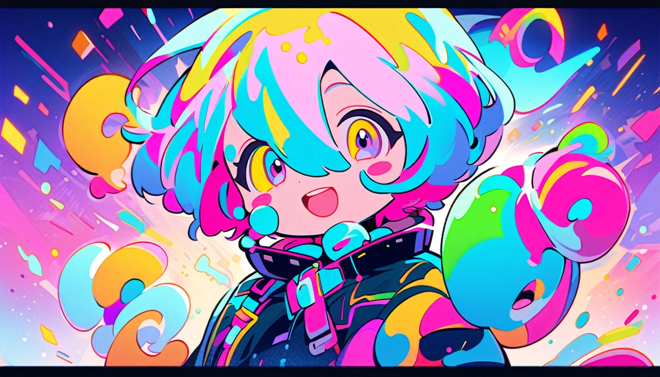 Vibrant art,pop、bright、colorful, 1 female, Light blue hair, short hair、Happy,cute, animation style, kawaii, clearly, colorful cyberpunk, bubblegum pop, cute、Pink and light blue as main colors、I'm cheering loudly、 Headphonesをしている、Headphoneusic、buzzer、buzzer, tropical,