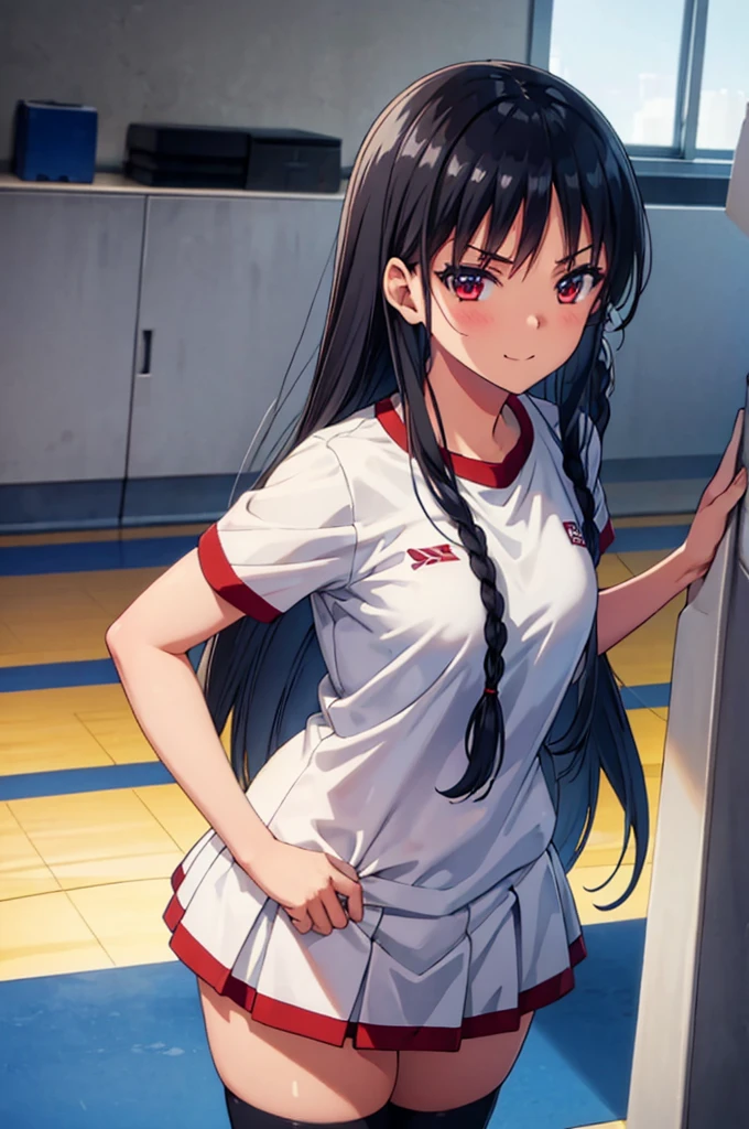 (masterpiece:1.3), (best quality:1.1), (8k, ultra detailed, ultra high res:1.2), ((anime style)), perfect 5 fingers, perfect anatomy,
1girl,
BREAK long hair, braid, black hair, red eyes, smile, (medium breasts:0.9),
BREAK school gym clothes, cowboy shot, BREAK perfect light, standing, (detailed background:1.1), inside, indoors, Gymnasium, basketball, (Basketball court:1.2), crowd,