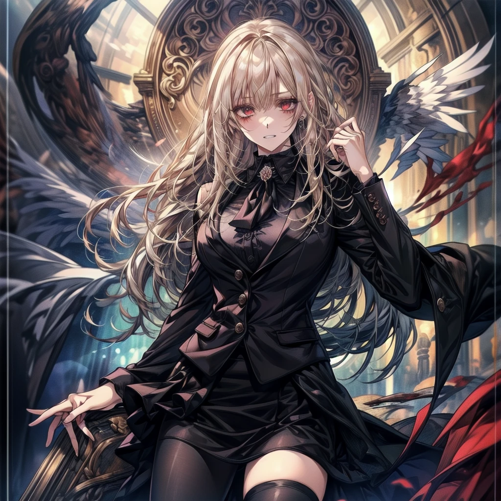 ((Highest quality)), ((masterpiece)), (detailed), (Character Focus、breast focus), (One Girl: 1.5)、4K、((左右対称のface立ち)), Anime 2D Rendering, Realistic young anime woman,
完璧なface, (アニメのeye:1.2、Beautiful details、輝くeye), Beautiful body, Beautiful thighs, Beautiful legs, (美しい白いskin:1.5)、Perfect round ass、 Slightly larger breasts、20-year-old、
blonde、(風通しの良いLong Hair、Both sides up)、濃い青いeye、
(((Three-piece suit))), (White Collar Dress Shirt), black suit vest:1.4, (((Suit jacket)))、(Black Shiny Pencil Miniskirt:1.4)、(Black Pantyhose:1.4)、(Black high heels)、
魅惑的な笑face、turn around、Crazy Smile, 狂ったeye, A cute and luxurious hair band,(masterpiece:1.2, Highest quality), (Actual Photos, Intricate details), Scary atmosphere、Distorted facial expressions、Horror Art、Bloodの雨、Bloodを流す、Bloodしぶき、悪魔のeye、redいeye、scar、、火scar、whole body、Torn hair of a woman dressed in slave clothing、(Long Hair)、(eyeにかかる長さの前髪)、Black Hair、(((eyeの下のクマ)))、青白いskin、Feeling unwell、Pathological、邪悪な笑face、狂ったeye、(Grin)Dramatic makeup,Create mixed media art、,Horror 1 Girl, Open_mouth, , red_eye, Blood, Tilt_red_skin, Injury, Blood_in addition_face, Bandaged_arm, Blood_in addition_zombie, Blood_in addition_hand , Open your eyelids wide, The trend is all, mouthを大きくOpen, mouthを開けてteethをむき出しにする,獣のような鋭いteeth, Wide lips, 非常に広いmouth, Vermilion cheeks, blonde, Princess Cut, Ribbon hair ornament, brooch, Otaku Room, Well-built body, Nice body, Ample breasts, Thick body,eyeを大きく開いて、Scary atmosphere、Distorted facial expressions、ねじれた笑face、Bloodまみれの、頭からの出Blood、Bloodしぶき、whole body、Long Hair、Long bangs、Well-built,Broad shoulders,I focus,(face),Messy Hair,いeye,(光るeye),(Bloodしぶき:1.6),red信号,笑face,big 笑face,teeth,psycho 笑face,gesugao,Dark city background,darkness,night,(close),良いeye, 良いteeth,サディスティックな笑face,,all,光沢のあるskin,detailedなface,Beautiful body, whole bodyから湯気が出ている Steam like a sauna room fills the screen... mouthからの白い息 Luxurious lace long gloves