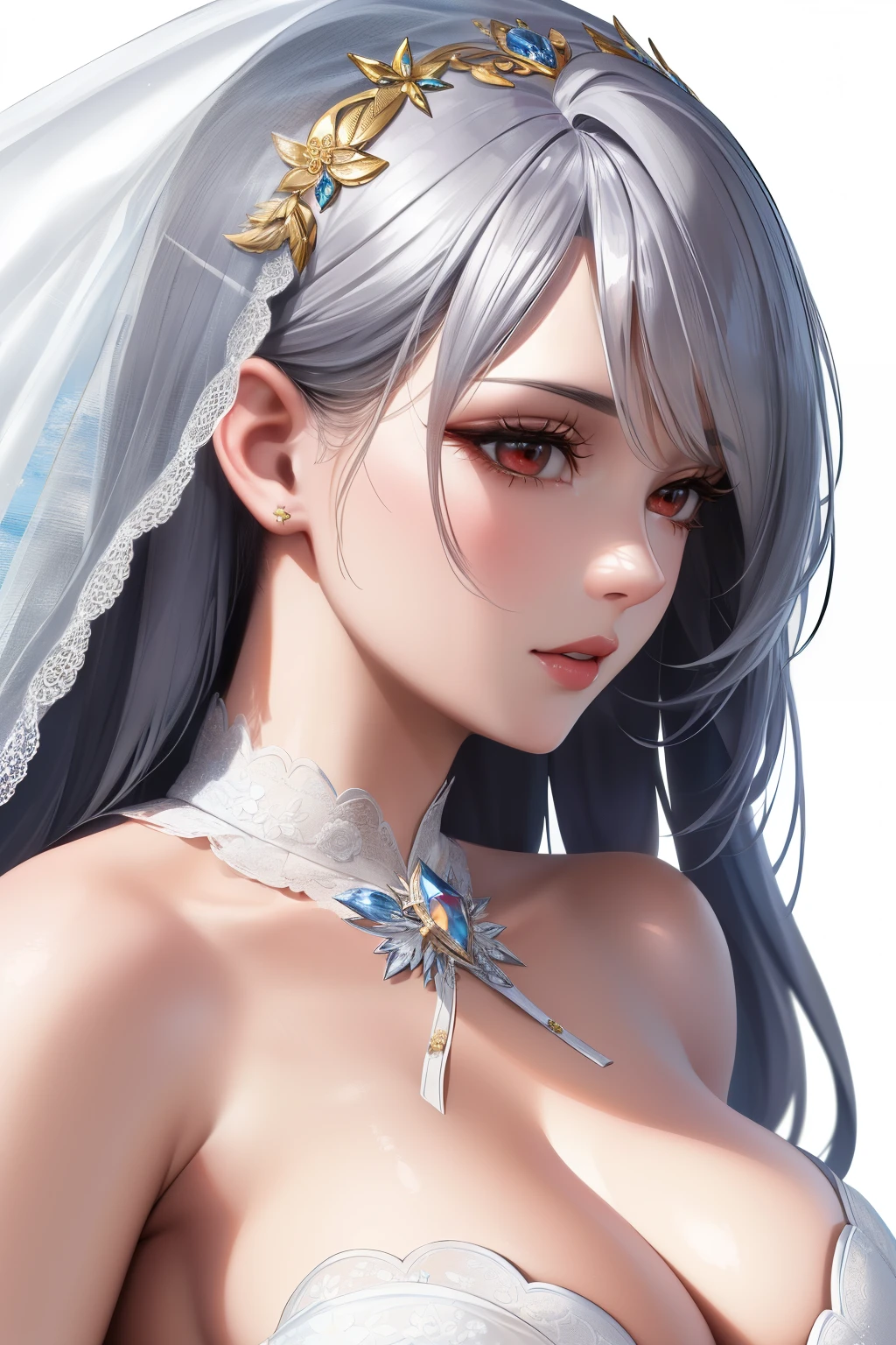 red eyes, (pure white background:1.4),(highest quality, masterpiece painting:1.3), mature woman, 26 years old, whole body,(No decoration on the neck:1.2)(beautiful neck:1.2),(from head to toe),Close ~ eyes,prayer pose, (From the side), masterpiece, ultra high resolution, (Photoreal:1.0), ((bright silver hair)),straight long hair, beautiful shining hair, white and shining skin, ((Ultra realistic details)), octane rendering, highly detailed face,  (big breasts:1.0),(gorgeous white wedding dress,white Wedding veil,delicate decoration:1.2), open neckline, cleavage, perfect body, soft skin, anime face, perfect face, perfect eyes, looking at the viewer, smart,, Lots of flowers at my feet, outdoors,sharp focus, intricate details, professional artwork, (bright colors:1.1), bright colors, diffused lighting, digital blending, ultra-definition body, ultra detail hair, super detailed face, It&#39;s trending on pixiv,perfect lips, perfect compensate, Ultra-precision coating, (light_smile:0.8), (Very embarrassed:1.2),A glossy look,