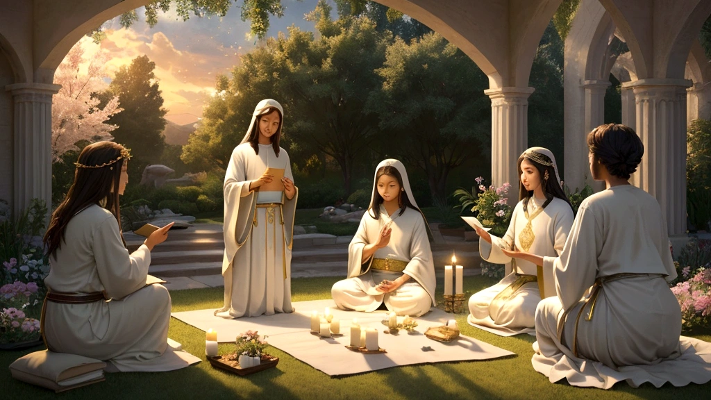 "Description: Illustrate a serene and heavenly scene where believers of diverse backgrounds are gathered in a tranquil garden or celestial realm. Show them engaged in joyful activities like worship, fellowship, and contemplation, symbolizing their anticipation of eternal life.
Details: Use soft, ethereal lighting and gentle colors to create a sense of peace and spiritual fulfillment. Incorporate elements such as open books with scriptures, angelic figures, and a radiant horizon symbolizing the promise of eternal dawn. This visual should convey the biblical theme of hope and assurance in eternal life for believers."