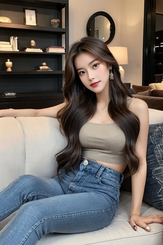 Generate an image of a stunning 20-year-old Asian woman with beauty akin to a goddess of the fire element. She has big brown eyes, dark brown hair, glowing skin, and an attractive appearance. She is wearing a beautiful top paired with blue skinny jeans. The woman is sitting sweetly on a living room sofa, her posture relaxed and inviting, surrounded by cozy and elegant decor.