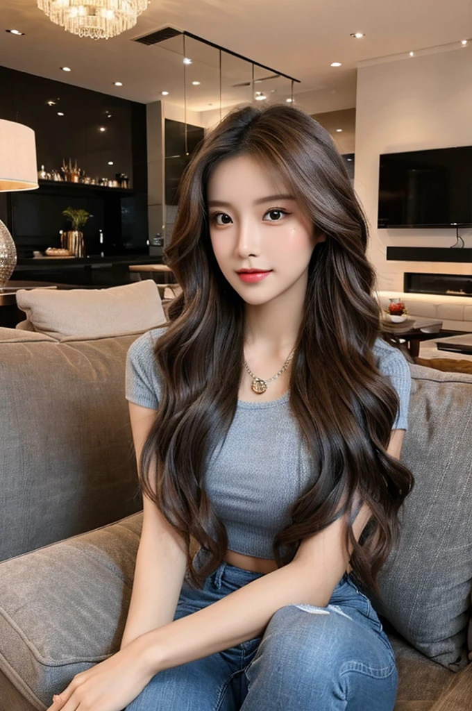 Generate an image of a stunning 20-year-old Asian woman with beauty akin to a goddess of the fire element. She has big brown eyes, dark brown hair, glowing skin, and an attractive appearance. She is wearing a beautiful top paired with blue skinny jeans. The woman is sitting sweetly on a living room sofa, her posture relaxed and inviting, surrounded by cozy and elegant decor.