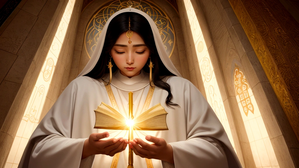 "Description: Depict a moment of deep spiritual connection where individuals of different ages and ethnicities are shown in prayer and meditation, surrounded by symbols of faith and divine presence.
Details: Use warm, comforting hues and soft glows to emphasize the tranquility and security found in faith. Include elements like clasped hands in prayer, open Bibles, and rays of light symbolizing divine guidance and assurance. This visual should evoke a sense of personal connection and trust in the biblical promise of immortality through faith."