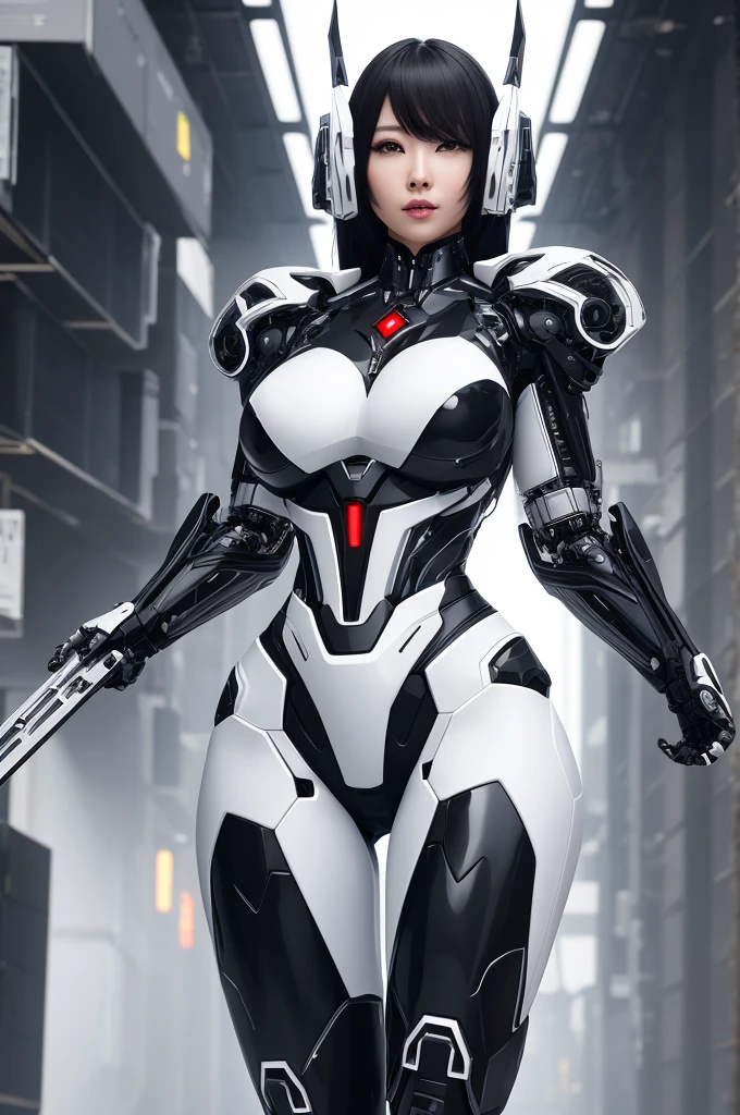 dark_Fantasy,cyber punk, (Highest quality, Tabletop),white,1 Female,Wonders of the machine,Robotic presence,Cybernetic Guardian,Wearing a cybernetic jacket,city, Highest qualityのデジタルアート, Great art, wallpaper 4k, Very detailed, military用ロボット,military, war zone,Black and white, Highest qualityのデジタルアート, Great art, wallpaper 4k,8K,K UHD, hard disk, An unparalleled masterpiece, Dynamic Lighting, Cinematic, Spectacular, Damaged machine parts、Big Breasts、Cleavage