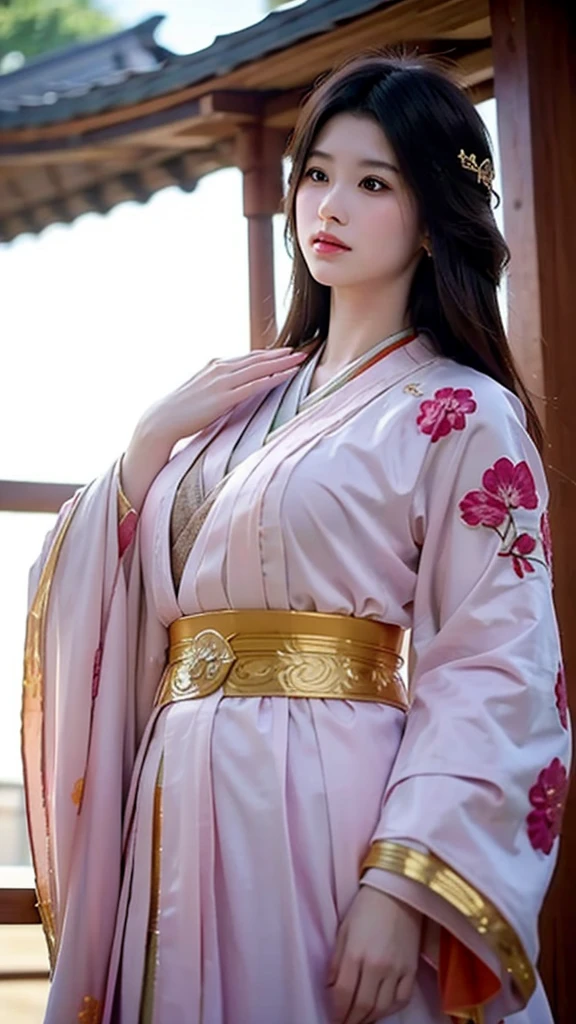 　A beautiful 15-year-old Japanese princess from the Sengoku period with long black hair　Gorgeous embroidery, Ultra glossy, She is wearing a shiny Edo-period princess kimono.　She takes out her nipples and squeezes out the milk