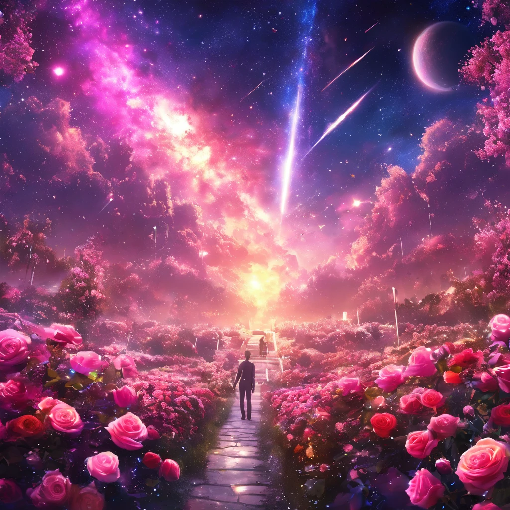 masterpiece, concept art, panorama, in the center, figure, wide shot, flower garden, night, (Meteors), Space galaxy background, (magnificent composition, epic proportions), dynamic lighting, Bright colors, pink roses,landscape