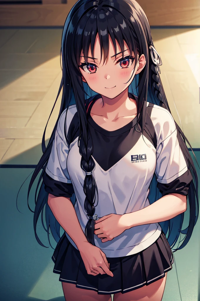 (masterpiece:1.3), (best quality:1.1), (8k, ultra detailed, ultra high res:1.2), ((anime style)), perfect 5 fingers, perfect anatomy, 
1girl,
BREAK long hair, braid, black hair, red eyes, smile, (medium breasts:0.9), 
BREAK school gym clothes, cowboy shot, BREAK perfect light, standing, (detailed background:1.1), inside, indoors, Gymnasium, (basketball), (Basketball court:1.2), crowd, 