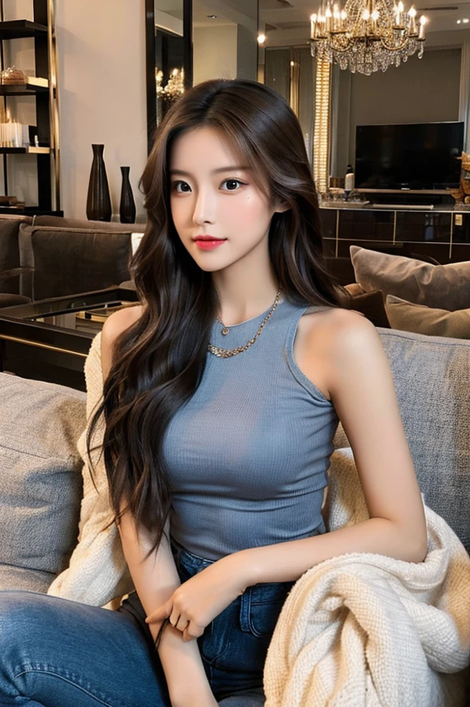 Generate an image of a breathtaking 20-year-old Asian woman whose beauty is comparable to a goddess of the fire element. She has large brown eyes, dark brown hair, radiant skin, and an appealing look. Dressed in a stunning top and blue skinny jeans, she is seated elegantly at a romantic dining table. The ambiance is intimate with soft lighting, candles, and a beautifully set table.