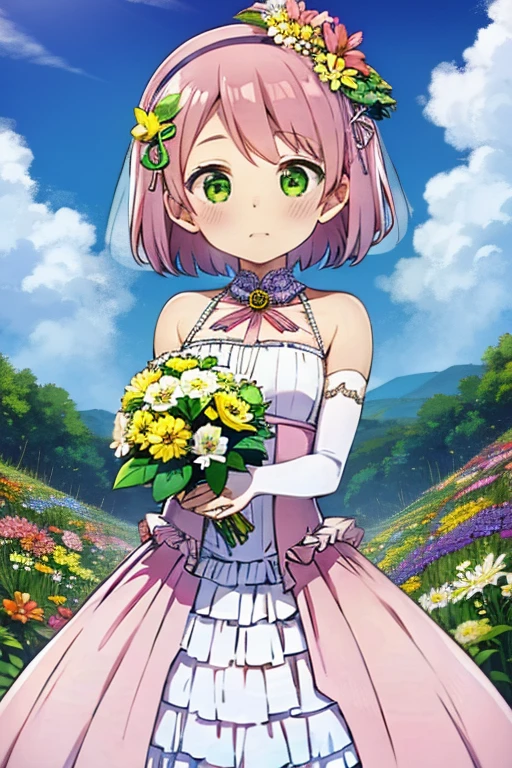 a girl with pink hair and green eyes dressed as a bride, Flower field in the background, True love, blushing cheeks, high quality 