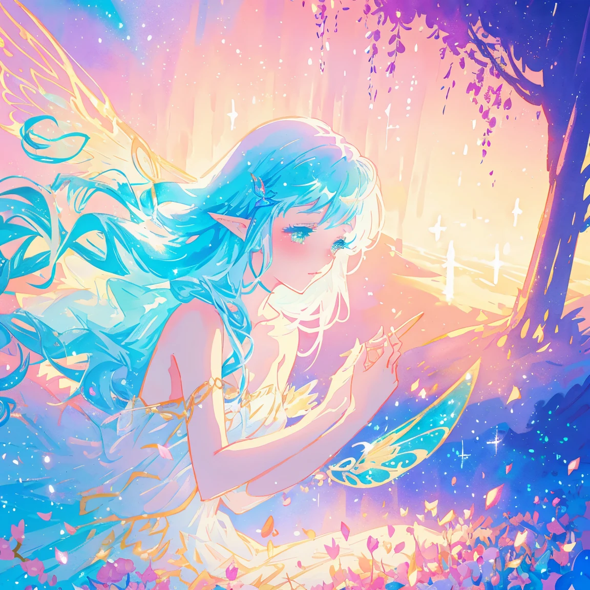 beautiful fairy girl, fairy queen, magical fantasia background, (glowing fairy wings), long wavy hair, sparkling fairy wings, watercolor illustration, inspired by Glen Keane, inspired by Lois van Baarle, disney art style, jen bartel, beautiful digital illustration, beautiful, masterpiece, best quality, anime disney style