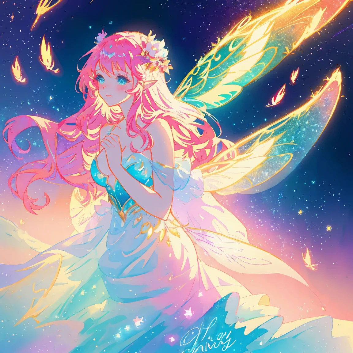 beautiful fairy girl, fairy queen, magical fantasia background, (glowing fairy wings), long wavy hair, sparkling fairy wings, watercolor illustration, inspired by Glen Keane, inspired by Lois van Baarle, disney art style, jen bartel, beautiful digital illustration, beautiful, masterpiece, best quality, anime disney style