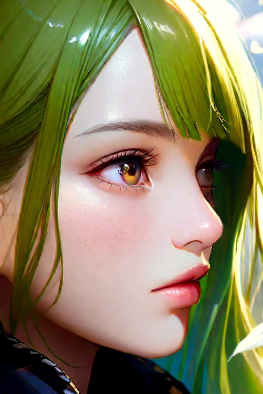 score_9, score_8_up, score_7_up, Girl's profile picture, light green long hair with bangs, light blue petals on cheeks, realistic skin texture, detailed picture, close-up, HD32k, big