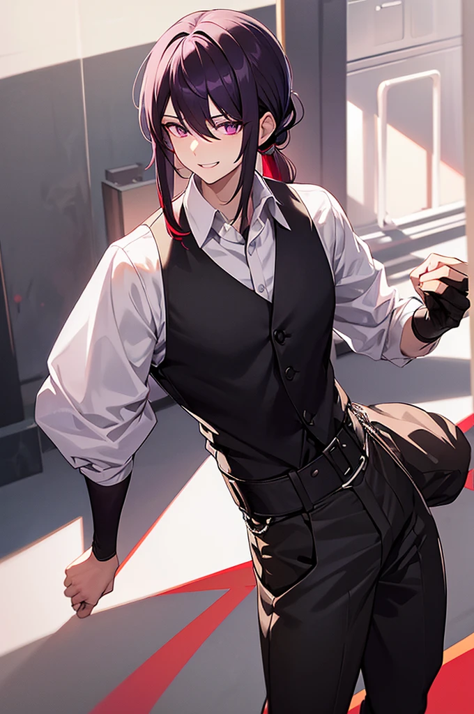 Black and red mesh hair、Purple Eyes、White background、Anime characters、Hair tied together、A man wearing a white shirt and a black vest、Black trousers、Leather shoean standing and smiling、Man standing facing forward、Adult male