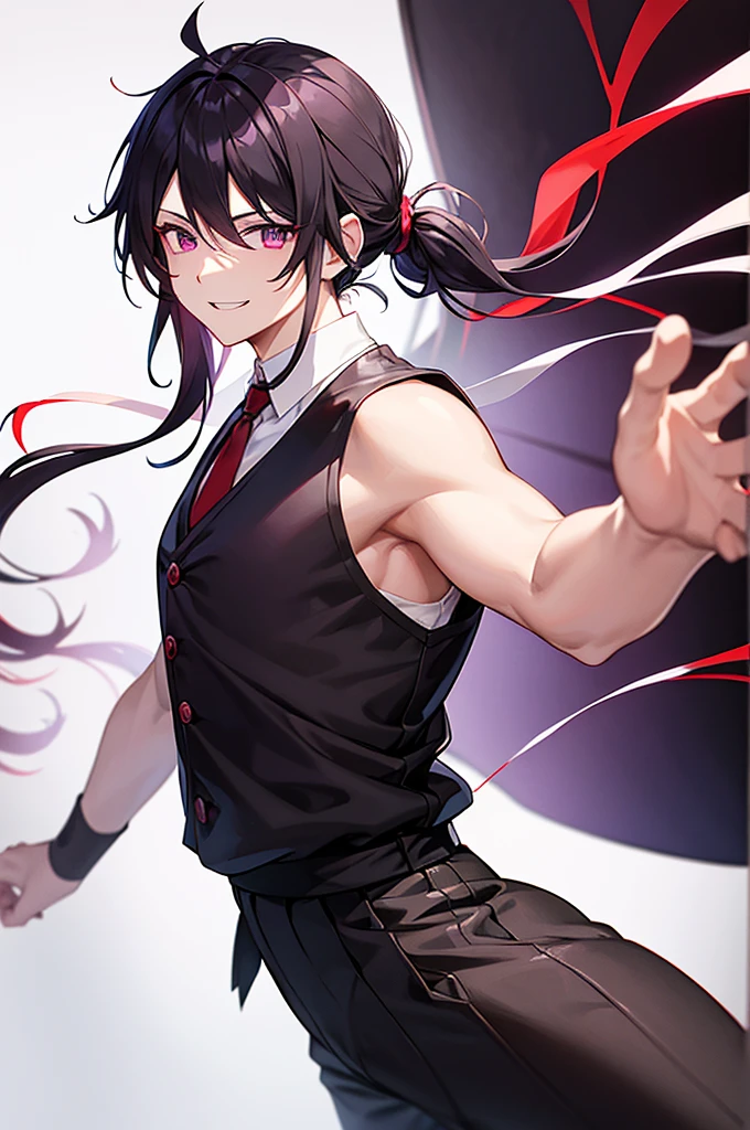 Black and red mesh hair、Purple Eyes、White background、Anime characters、Hair tied together、A man wearing a white shirt and a black vest、Black trousers、Leather shoean standing and smiling、Man standing facing forward、Adult male