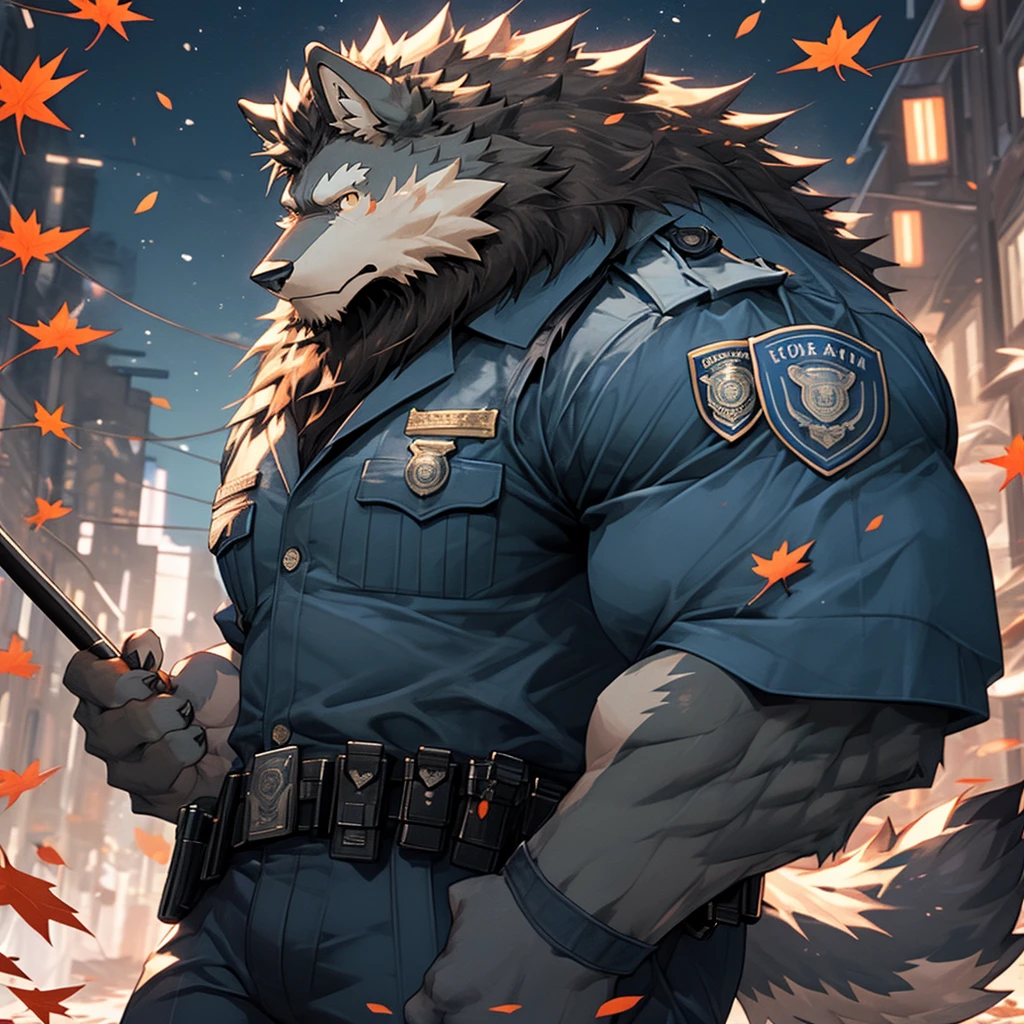 Muscular and strong police officer werewolf in suit. The background is a bustling city park with falling maple leaves. Strong lion wolf wolf officer holding a baton