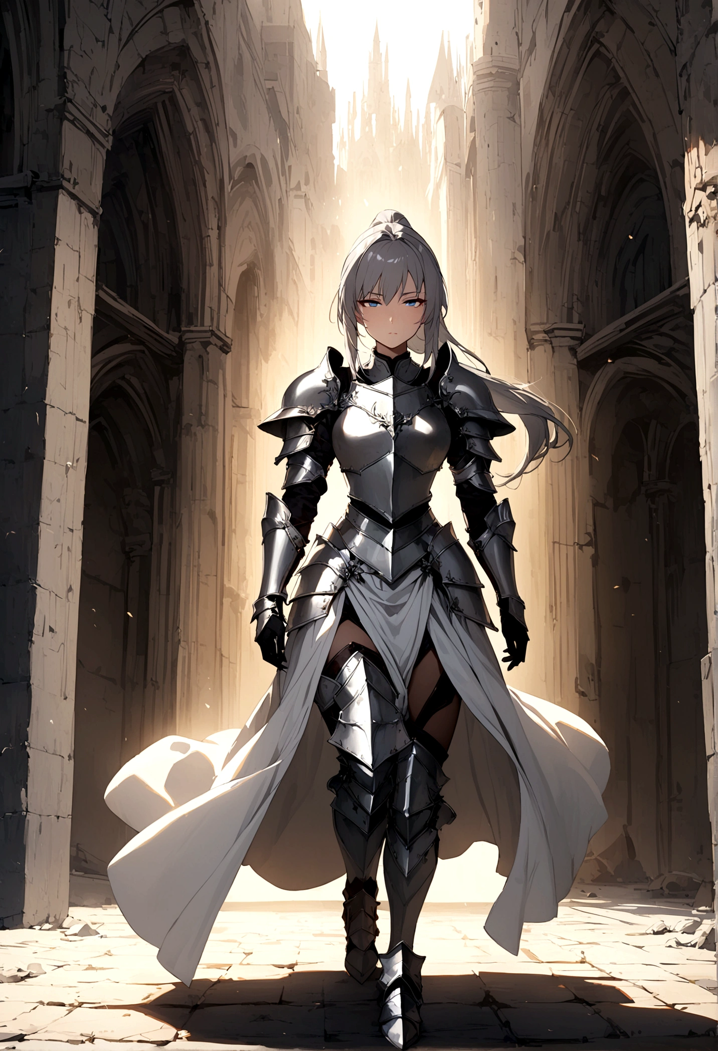 Beautiful girl knight in armor, Gray Hair, tsurime, fantastic, Face your body forward like a certificate photo, shoot from front, Ponytail, Armor Girl, beautiful female knight, Female Paladin, pale blue eyes, narrowed eyes squint, full body