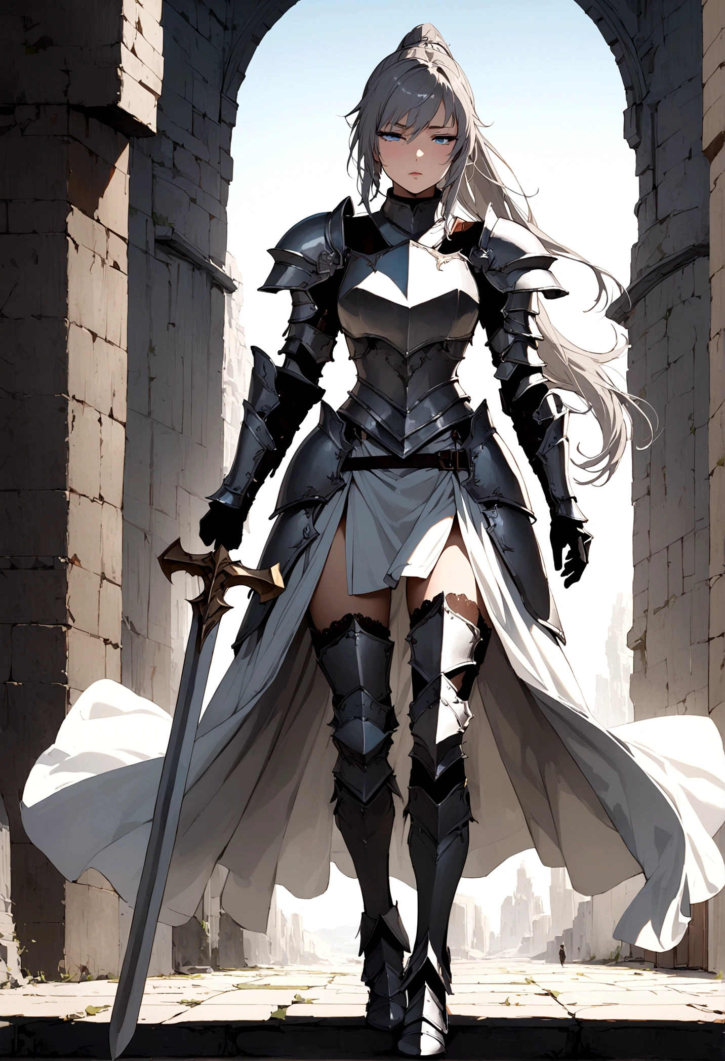 Beautiful girl knight in armor, Gray Hair, tsurime, fantastic, Face your body forward like a certificate photo, shoot from front, Ponytail, Armor Girl, beautiful female knight, Female Paladin, pale blue eyes, narrowed eyes squint, full body
