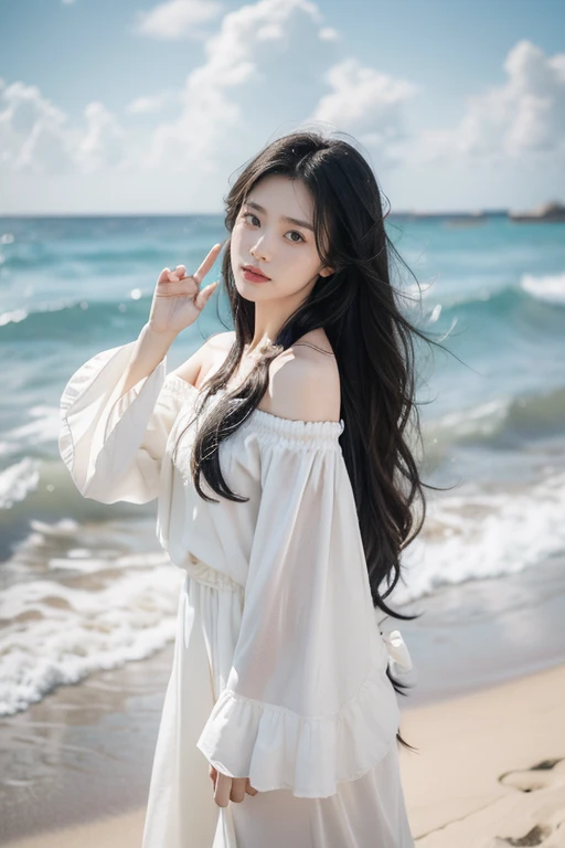 Under the setting susian woman with long black hair enjoying the sea breeze at the beach，The sea breeze ruffled her long hair，She was wearing a white off-the-shoulder dress，Looking at the camera with the scissors hand gesture