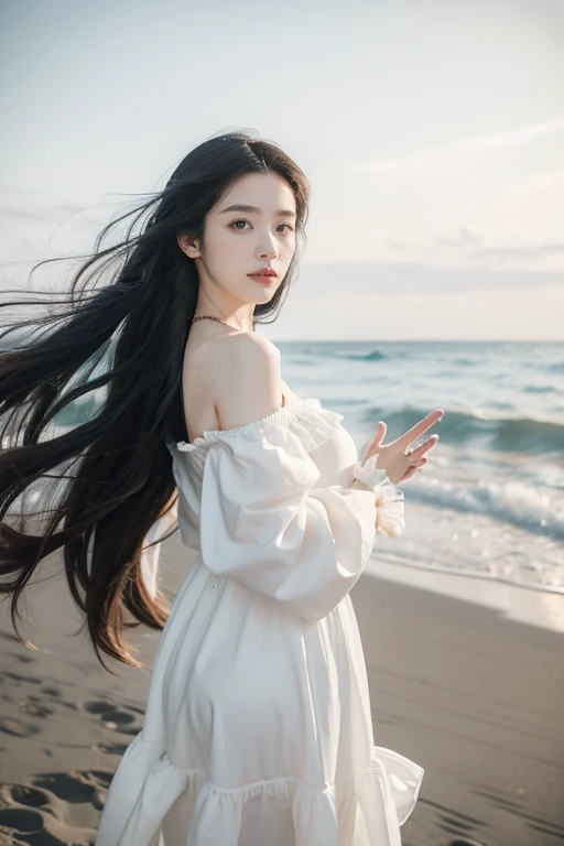 Depict a youthful girl with long black hair, dressed in a breezy dress, standing on a sandy beach. Her joyous gaze towards the endless ocean exudes a sense of freedom, blending harmoniously with the serene seascape, trending on ArtStation, trending on CGSociety, Intricate, High Detail, Sharp focus, dramatic, photorealistic painting art by midjourney and greg rutkowski