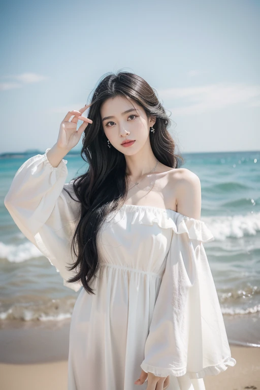 Best quality at best,face to the viewer,girl,Long hair draped over the shoulders,curlies,exquisite facial features,Perfect body structure,JK school uniform,The stands up,standing on the sea side,sandbeach,Bust photo