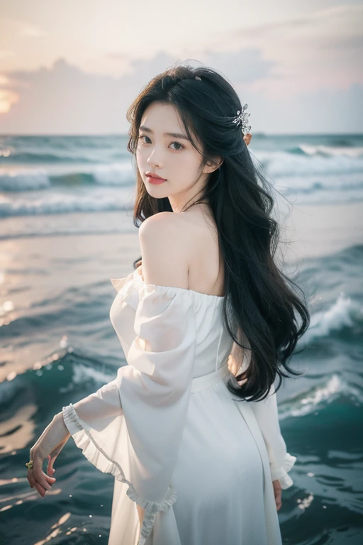 Under the setting susian woman with long black hair enjoying the sea breeze at the beach,The sea breeze ruffled her long hair,She was wearing a white off-the-shoulder dress,Looking at the camera with the scissors hand gesture