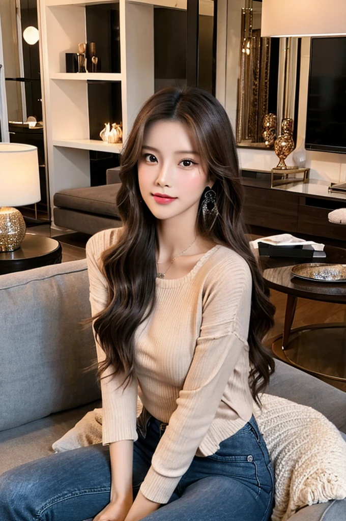 Generate an image of a stunning 20-year-old Asian woman with beauty akin to a goddess of the fire element. She has big brown eyes, dark brown hair, glowing skin, and an attractive appearance. She is wearing a beautiful top paired with blue skinny jeans. The woman is sitting sweetly on a living room sofa, her posture relaxed and inviting, surrounded by cozy and elegant decor.