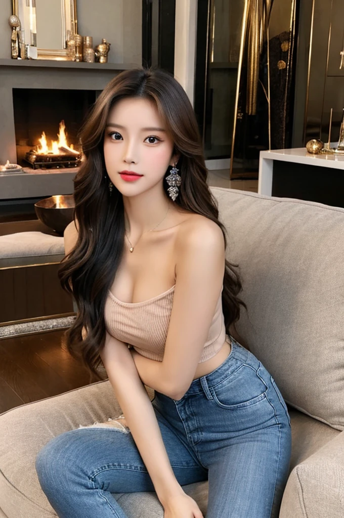 Generate an image of a stunning 20-year-old Asian woman with beauty akin to a goddess of the fire element. She has big brown eyes, dark brown hair, glowing skin, and an attractive appearance. She is wearing a beautiful top paired with blue skinny jeans. The woman is sitting sweetly on a living room sofa, her posture relaxed and inviting, surrounded by cozy and elegant decor.