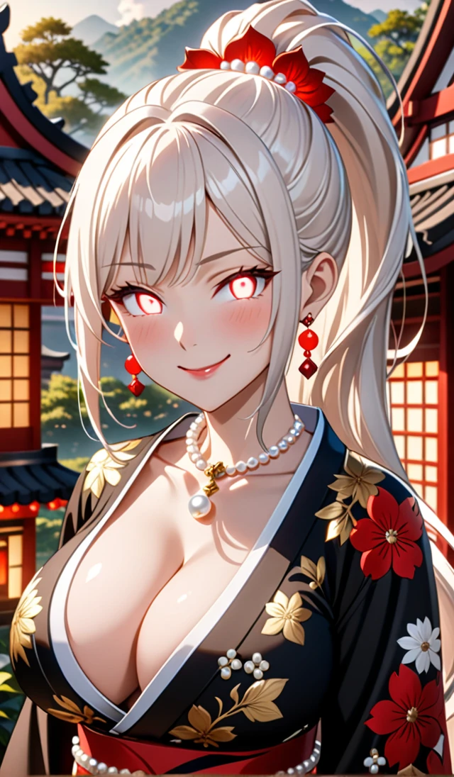 ultra-detailed, ((one girl)), hyper detailed, absurdres, 8K,Cute face, (Laugh shyly), ((teasing smile:1.8)), ((Wink:1.8)), (Laugh with your mouth wide open:1.3),(Tilt your head:1.3), View your viewers, ((Bright red cheeks:1.6)),Glossy Red Lips, ((Big Breasts:1.5)) night, Shrines in the countryside, (Brighten your face), ((Anime style background)),masterpiece, Highest quality, so beautiful,Latest, Complex details, (Pink long nails), (nail art), (ring),(bracelet), (Floral Choker),AI-generated, Complex,High resolution, Highest quality, super high quality,3D Images、3D Images,One person,Long white hair,(High Ponytail), Anime woman posing for a photo, ((Blue eyes:1.1)), ((Fine grain、pearl white eyes、glowing eyes:1.6)), (Squint your eyes:1.1),a hyperRealistic , hyperRealistic , Realistic,Anime woman with long white hair, Smooth anime CG art, With gold embroidery、A girl in a gorgeous kimono, ((Black long sleeve kimono:1.3)),(Red large floral pattern) ,Long flower hair ornament,Floral Earrings,Mature Body, expensive,Abdominal muscles,Tight waist,((Zoom in on face:2.1)),(front view),
