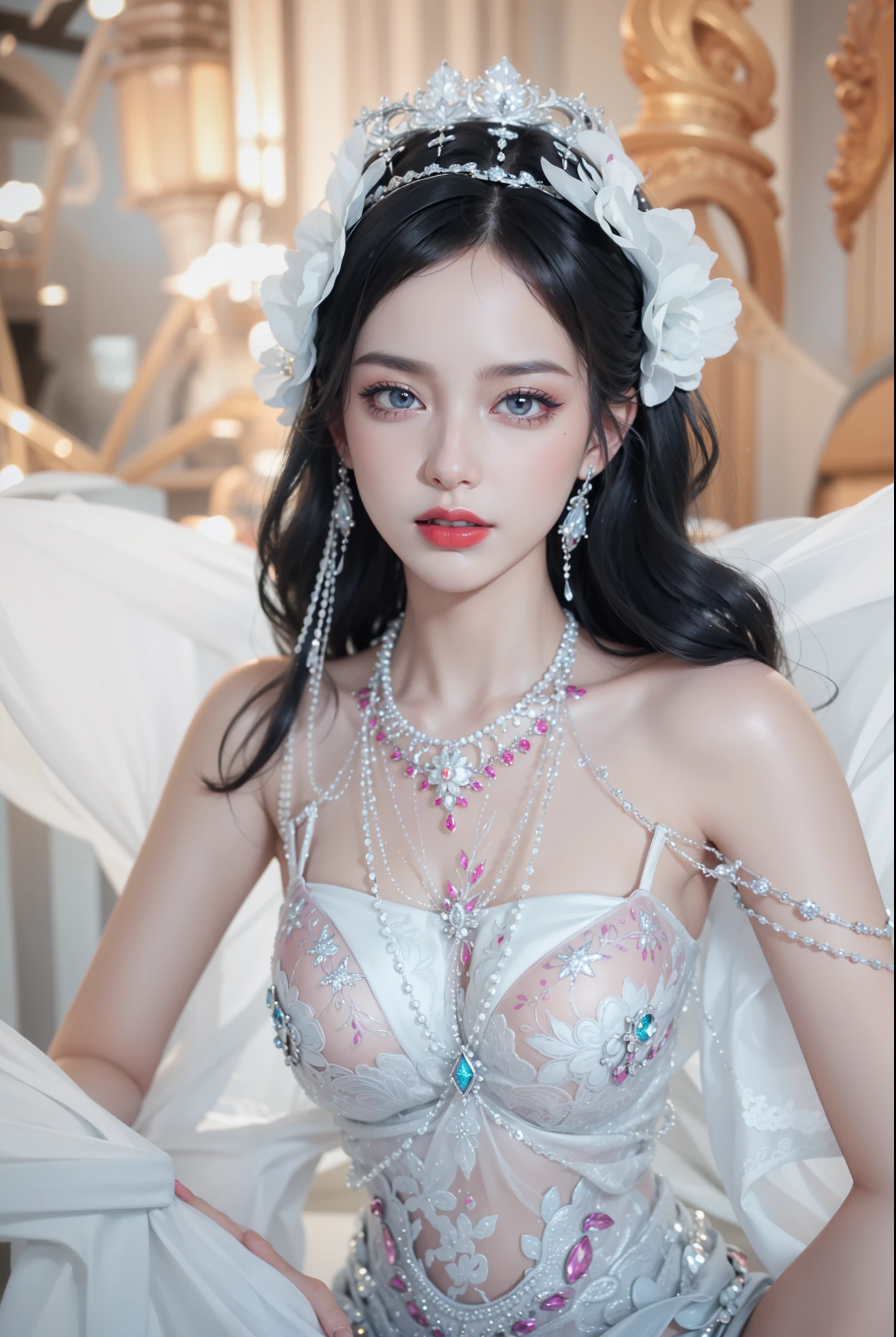 Royal princess，Very detailed, Delicate face, Stock Photography , Portrait 400, F1 Camera Lens.6, rich and colorful, Surrealism, Realistic textures, Dramatic Lighting, Thin Film Distiller 800 (8K, original photo, Better quality, masterpiece: 1.2), Very detailed, (Extremely delicate skin: 1.2), 8K 超高清, SLR camera, Soft Light, high quality.Fire Queen，Blue pupils，Wear red lipstick，Have a tattoo，The tattoo is very three-dimensional，Gorgeous and intricate tattoo designs，8K Mugshot，Large Breasts，Dark eyeshadow，Sexy thick lips(Red lipstick)，Ice Princess，The facial features are very three-dimensional，Gorgeous and exquisite crystal diamond lace wedding dress，Silver Armor，Exquisite and ornate silver decoration，Universe shining diamond gem，Ultra-clear portrait，Very exquisite and gorgeous jewelry，