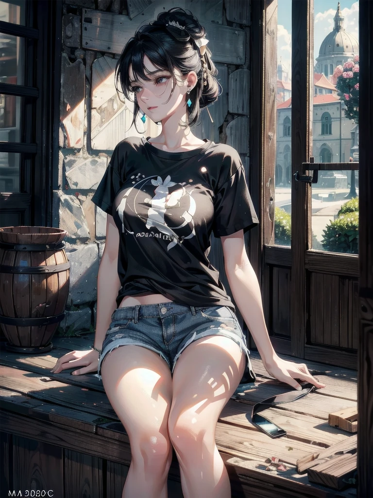 absurdres, RAW photo, extremely delicate and beautiful, masterpiece, Best Quality, ultra high resolution, 32k, hyperrealistic, ultra-detailed, in her 20s, delicate facial features, beautiful detailed girl, tearful mole, earring, medium breasts, full body shot, medium hair, black hair, cap, T-shirt, baggy shorts,