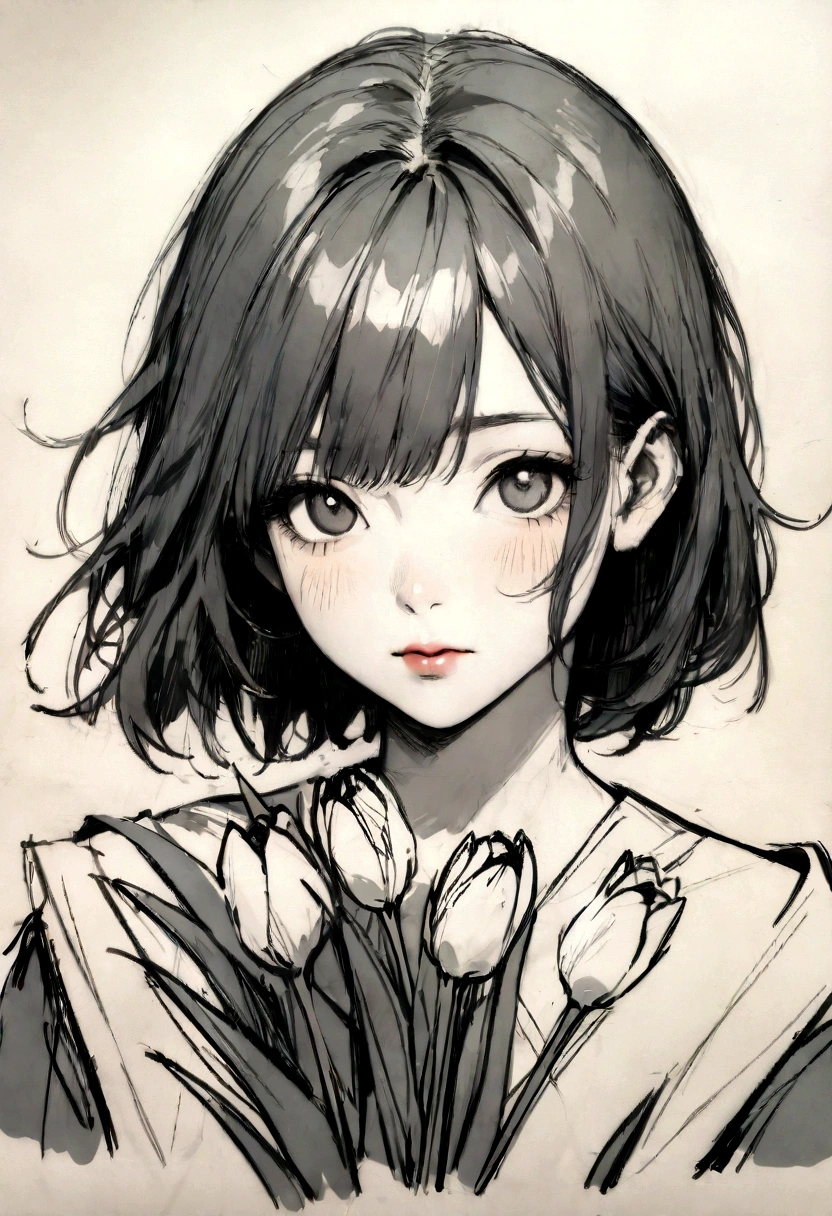 Mother accompanies her daughter to study,Daughter is seven years old,At the desk, solo, water, Girl hugging tulips, Simple background, White background, monochrome, Line Art, ((sketch)),((high quality, masterpiece:1.4)), 1 Girl, ((Upper Body)), Portrait sketch, Messy painting, Messy charcoal spots, 未完成的sketch, sketchbooks charcoal style drawing of a woman, sketchbooks drawing, sketchbooks, Beautiful hair, Medium to short hair, Beautiful face, Facial symmetry, Symmetrical eyes, ((Paper texture background)), realistic Charcoal line, Not perfect的, Charcoal shavings, Charcoal line, Not perfect, Fade sketch, sketch sQueratogray (Eddie Mauro Mix)