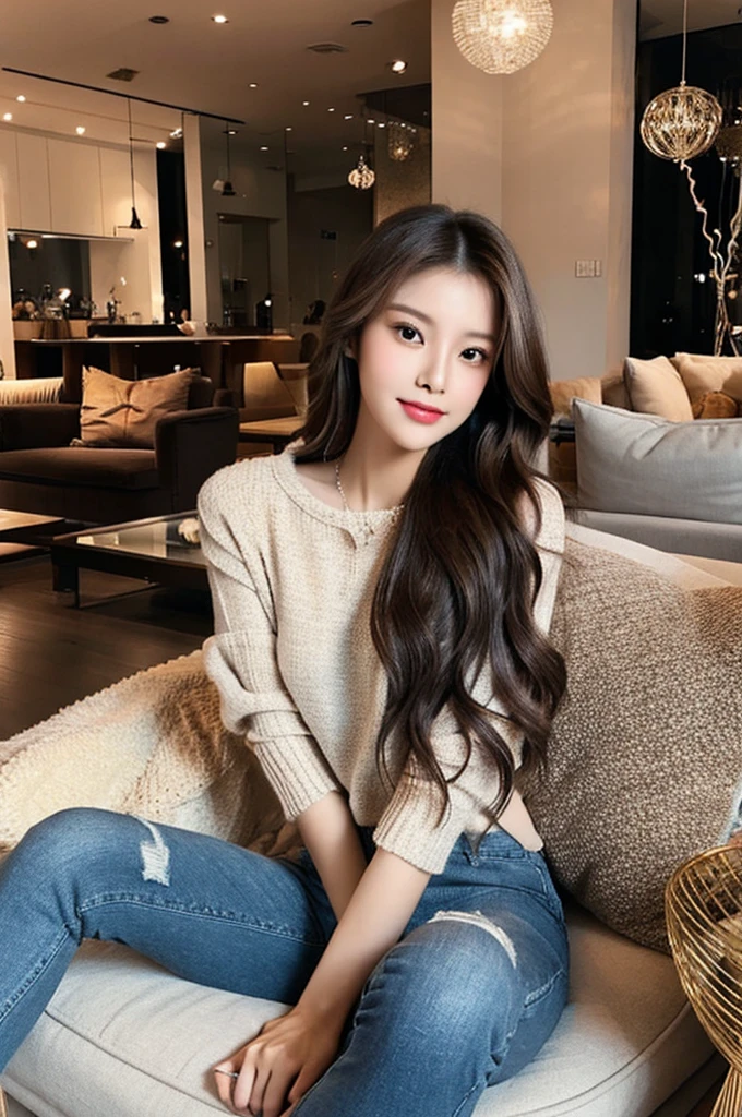 Generate an image of a stunning 20-year-old Asian woman with beauty akin to a goddess of the fire element. She has big brown eyes, dark brown hair, glowing skin, and an attractive appearance. She is wearing a beautiful top paired with blue skinny jeans. The woman is sitting sweetly on a living room sofa, her posture relaxed and inviting, surrounded by cozy and elegant decor.