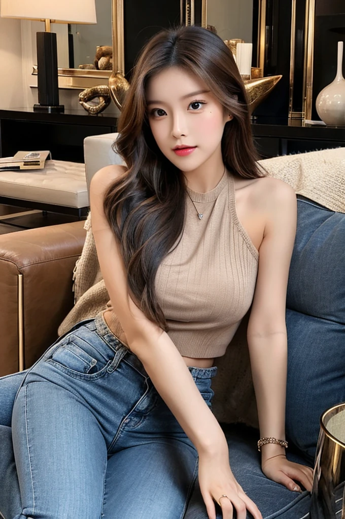 Generate an image of a stunning 20-year-old Asian woman with beauty akin to a goddess of the fire element. She has big brown eyes, dark brown hair, glowing skin, and an attractive appearance. She is wearing a beautiful top paired with blue skinny jeans. The woman is sitting sweetly on a living room sofa, her posture relaxed and inviting, surrounded by cozy and elegant decor.