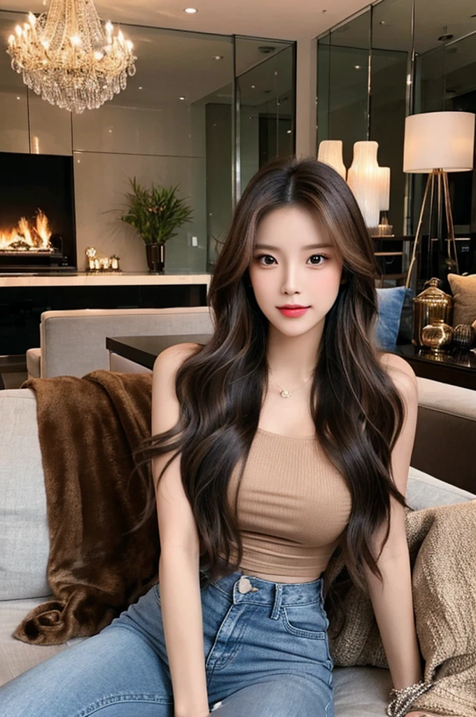 Generate an image of a stunning 20-year-old Asian woman with beauty akin to a goddess of the fire element. She has big brown eyes, dark brown hair, glowing skin, and an attractive appearance. She is wearing a beautiful top paired with blue skinny jeans. The woman is sitting sweetly on a living room sofa, her posture relaxed and inviting, surrounded by cozy and elegant decor.