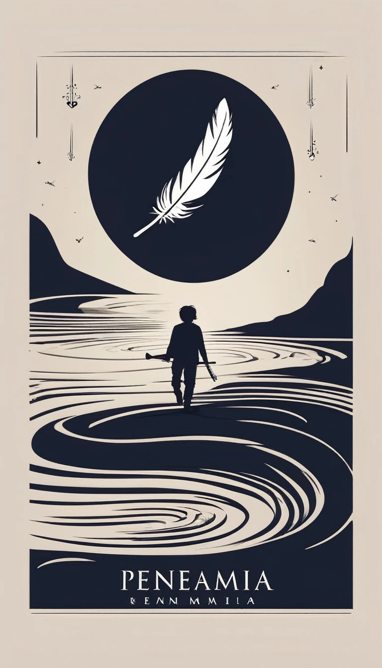 A minimal, modern, simple, cinematic, minimalistic logo design for the brand “Penamemoria". The logo design must be a simple, magical feather and a boy running and holding an acoustic guitar. The logo must convey a sense of music, stories and dreams. Logo design impressed on a book cover. Minimalistic logo