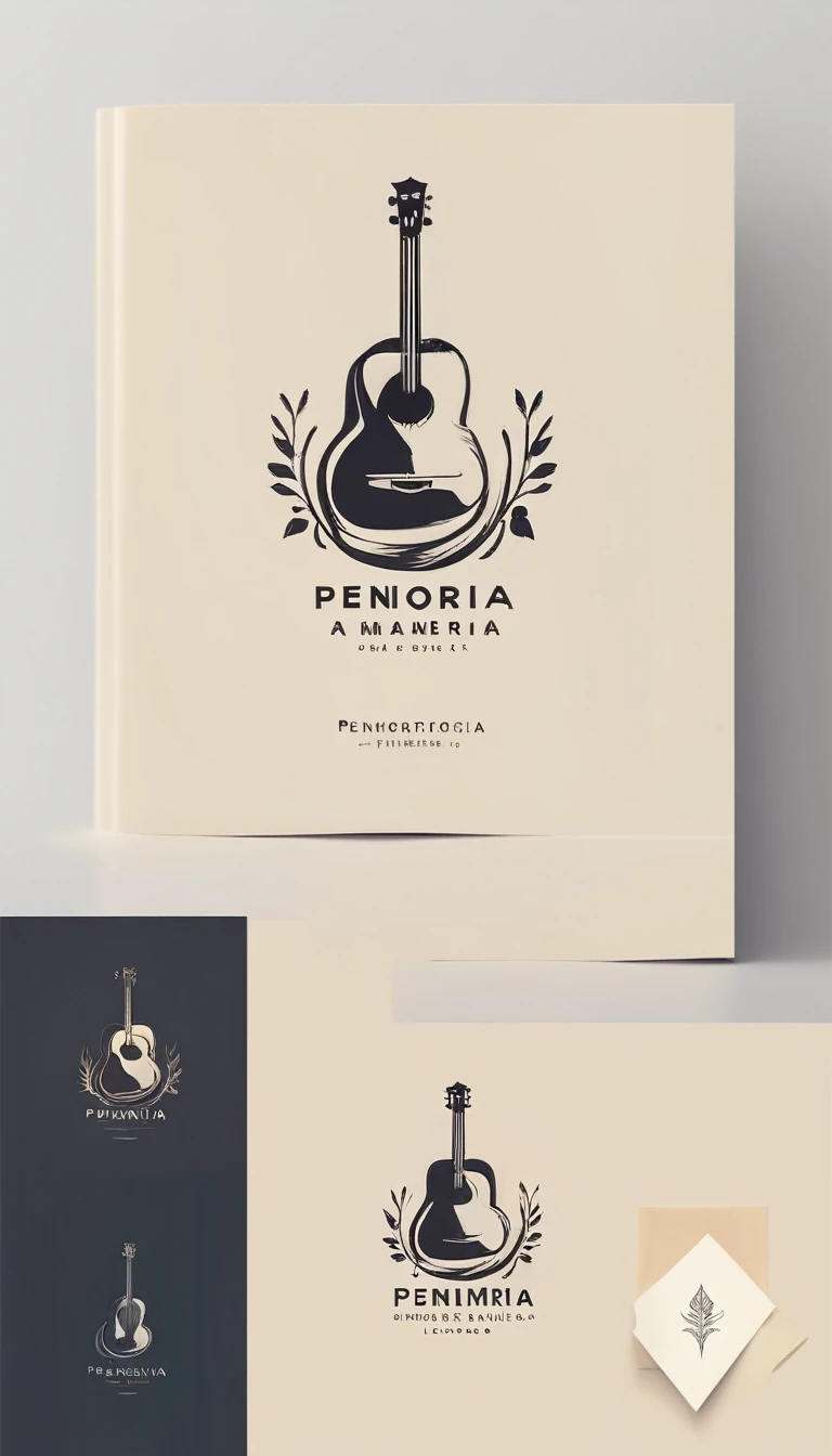 A minimal, modern, simple, cinematic, minimalistic logo design for the brand “Penamemoria". The logo design must be a simple, magical feather and a boy running and holding an acoustic guitar. The logo must convey a sense of music, stories and dreams. Logo design impressed on a book cover. Minimalistic logo