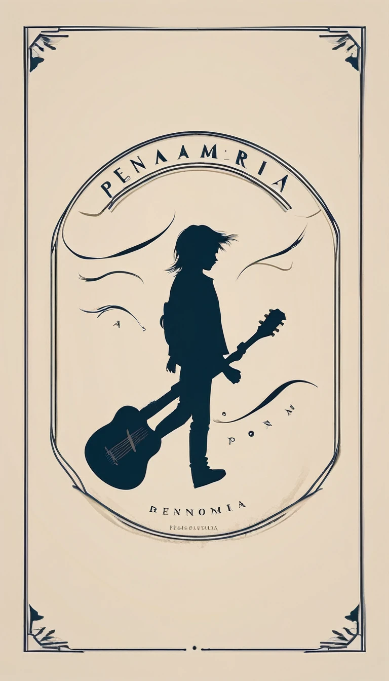 A minimal, modern, simple, cinematic, minimalistic logo design for the brand “Penamemoria". The logo design must be a simple, magical feather and a boy running and holding an acoustic guitar. The logo must convey a sense of music, stories and dreams. Logo design impressed on a book cover. Minimalistic logo
