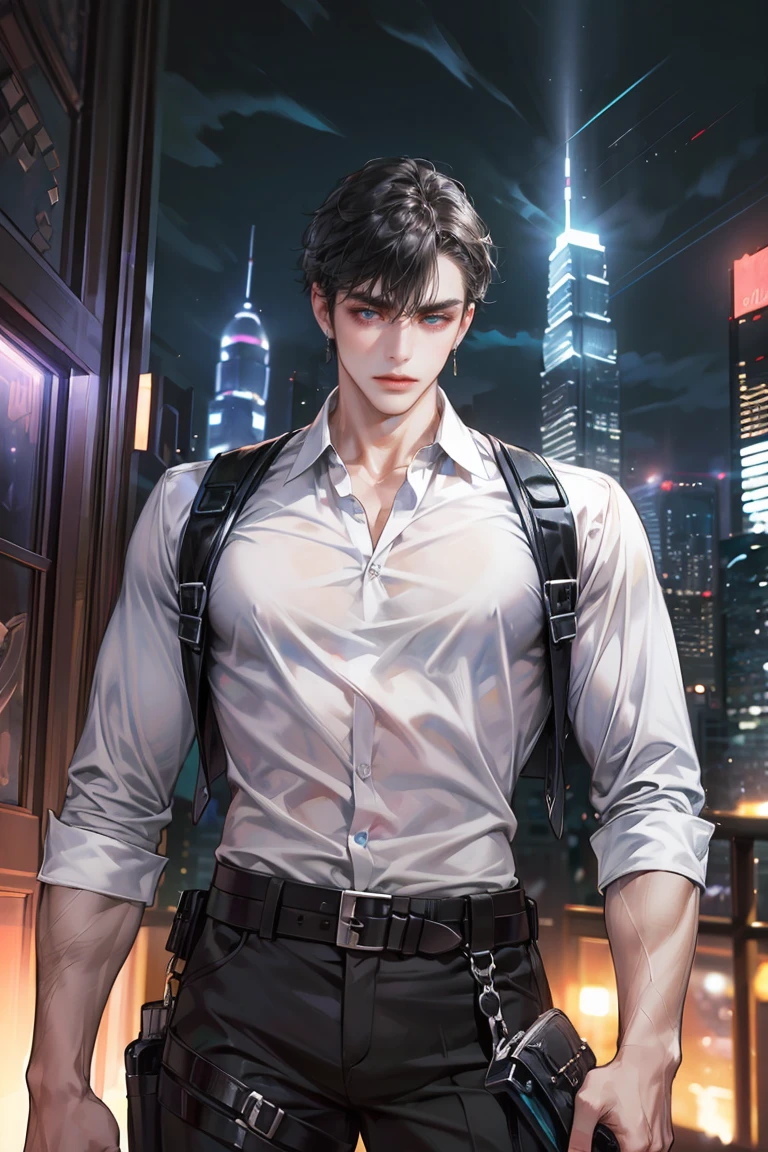 (absurdres, highres, ultra detailed, original character, HDR), 1 russian boy, solo, adult, handsome, ((tall muscular guy, broad shoulders)), finely detailed eyes, (black hair), hair between eyes, turquoise eyes, holographic, futuristic, casual and sexy outfit, gun holster, (body tight white shirt), (large man breasts), ((wearing an earring)), cowboy shot, dutch angle, face focused, tower walled city scenery, dystopian hong kong city, skyscrapers, Cyan, Magenta, long face, closed mouth, looking at viewer, depth of field, bokeh