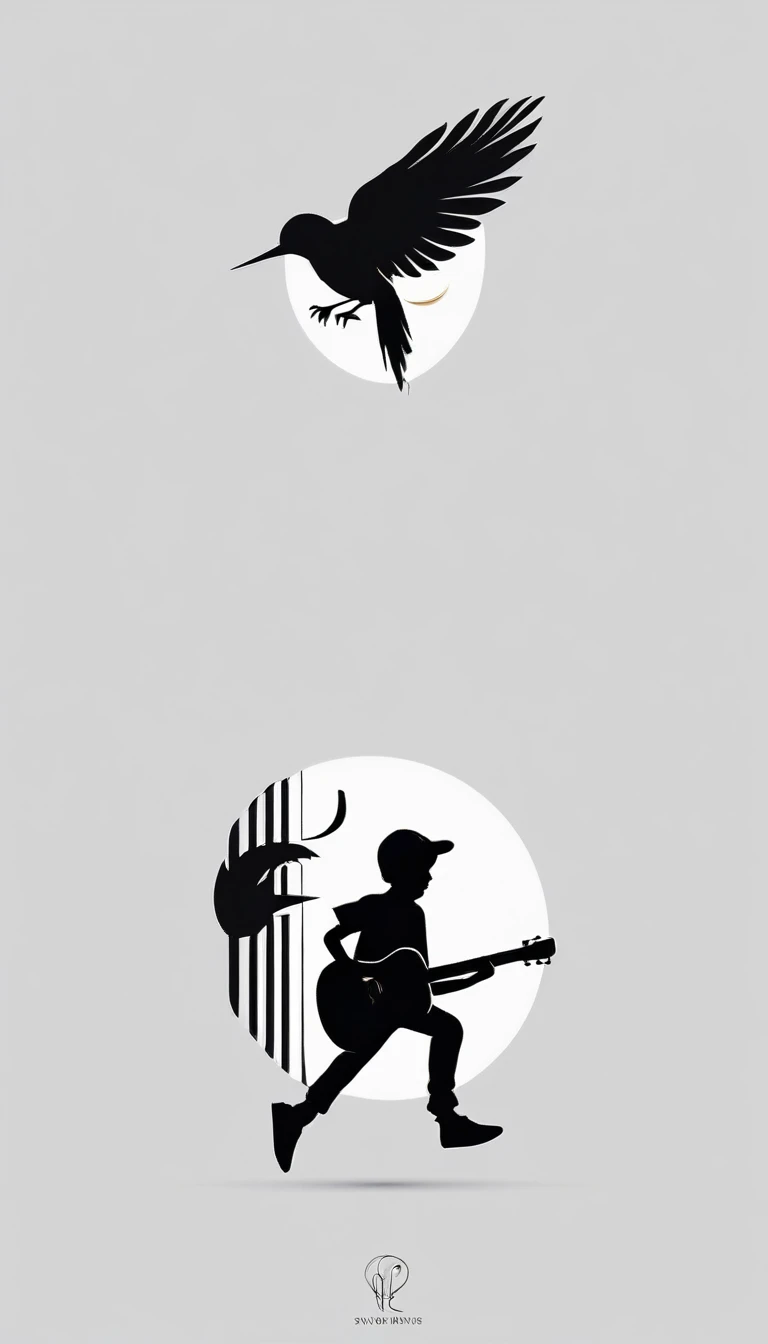 Create a modern, minimalistic logo design for a brand about music and movies. The logo must be in minimalistic style and convey a sense of storytelling. The logo is the silhouette of a boy and a bird. The boy is running with open arms, holding an acoustic guitar in the right hand and a bird feather in the left hand.