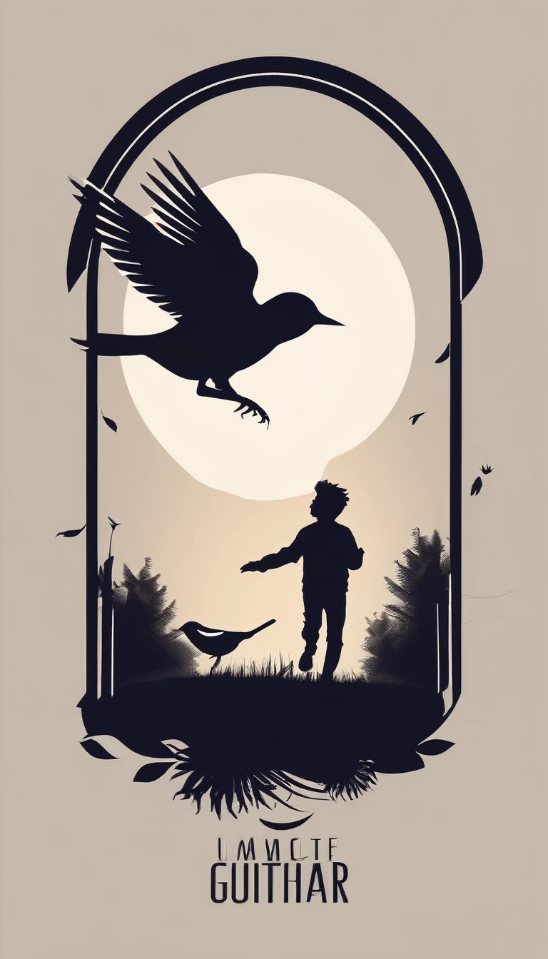 Create a modern, minimalistic logo design for a brand about music and movies. The logo must be in minimalistic style and convey a sense of storytelling. The logo is the silhouette of a boy and a bird. The boy is running with open arms, holding an acoustic guitar in the right hand and a bird feather in the left hand.