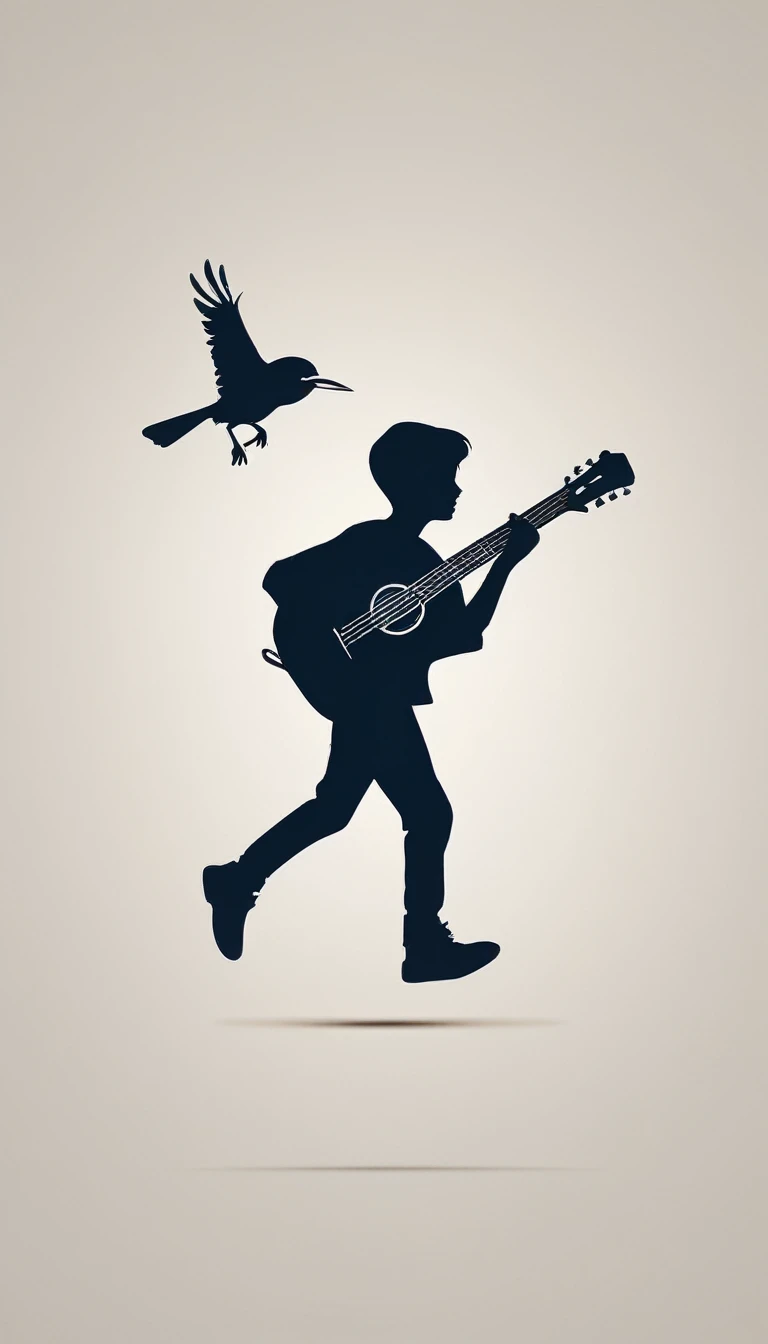 Create a modern, minimalistic logo design for a brand about music and movies. The logo must be in minimalistic style and convey a sense of storytelling. The logo is the silhouette of a boy and a bird. The boy is running with open arms, holding an acoustic guitar in the right hand and a bird feather in the left hand.
