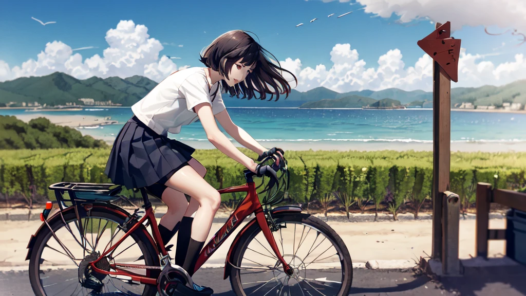 best quality,,bike,1 Girl,outdoor,bike basket,sky空,cloud,shirt,skirt,,ocean,white shirt,sky,horizon,Black Hair,Depth of Field,wind景,Vague,Long hair,,blue sky空,Short sleeve,riding,shoe,dappled Sunlight,sock,HILL,Sunlight,Flowing hair,pleated skirt,Tree,六翼sky使,Knee-length,water,short hair,road,basket,In the shade,夏sky,Grass,wind,plant,sit,女式shirt,Pants, 