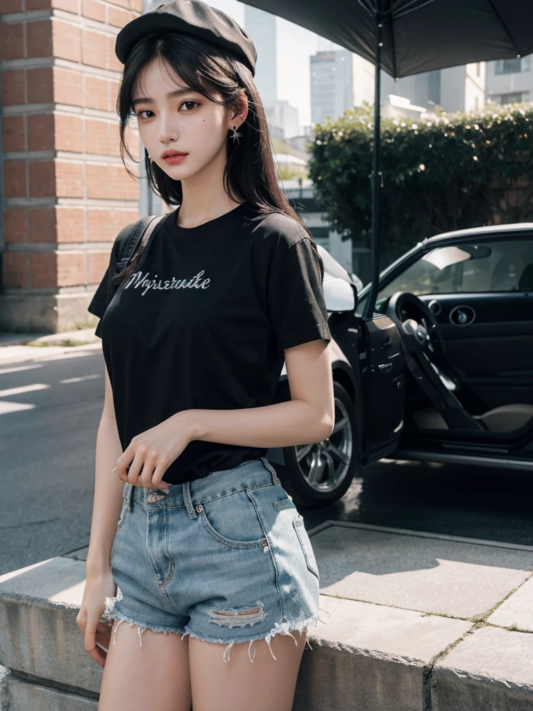 absurdres, RAW photo, extremely delicate and beautiful, masterpiece, Best Quality, ultra high resolution, 32k, hyperrealistic, ultra-detailed, delicate facial features, beautiful detailed woman, tearful mole, earring, medium breasts, full body shot, medium hair, black hair, cap, T-shirt, baggy shorts,