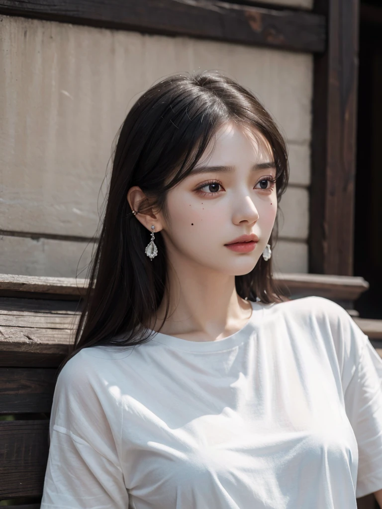 absurdres, RAW photo, extremely delicate and beautiful, masterpiece, Best Quality, ultra high resolution, 32k, hyperrealistic, ultra-detailed, delicate facial features, beautiful detailed woman, tearful mole, earring, medium breasts, full body shot, medium hair, black hair, cap, T-shirt, baggy shorts,