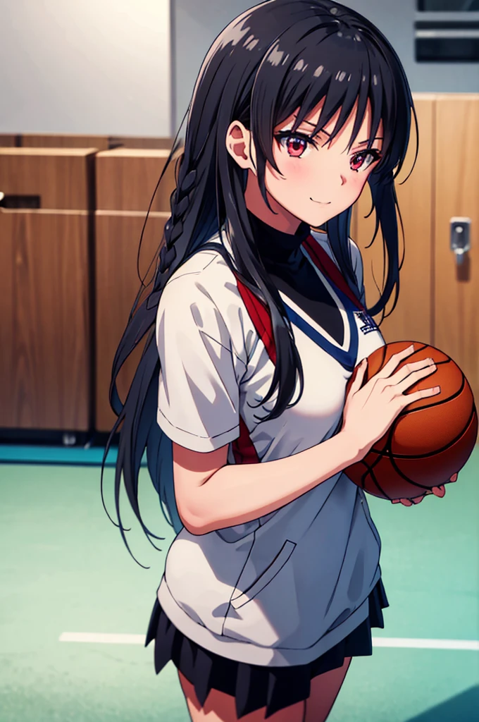 (masterpiece:1.3), (best quality:1.1), (8k, ultra detailed, ultra high res:1.2), ((anime style)), perfect 5 fingers, perfect anatomy, 
1girl,
BREAK long hair, braid, black hair, red eyes, smile, (medium breasts:0.9), 
BREAK basketball uniform, cowboy shot, BREAK perfect light, standing, (detailed background:1.1), inside, indoors, Gymnasium, (basketball), (Basketball court:1.2), crowd, 