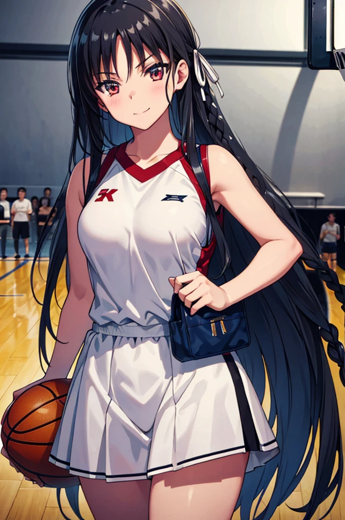 (masterpiece:1.3), (best quality:1.1), (8k, ultra detailed, ultra high res:1.2), ((anime style)), perfect 5 fingers, perfect anatomy,
1girl,
BREAK long hair, braid, black hair, red eyes, smile, (medium breasts:0.9),
BREAK basketball uniform, cowboy shot, BREAK perfect light, standing, (detailed background:1.1), inside, indoors, Gymnasium, (basketball), (Basketball court:1.2), crowd,