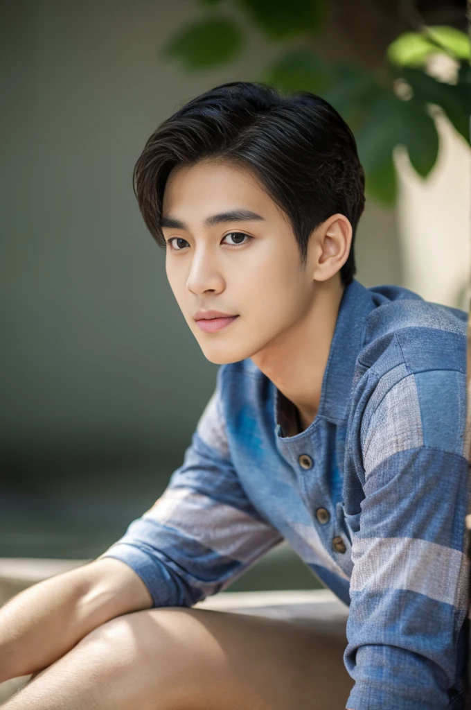 male handsome 20-year-old handsome guy,looking to the camera,frontage,high qulity,tmasterpiece,8K.4K,1080P,Light-sensitive, ยิ้ม, ,มุมกว้าง สวมเสื้อโปโลสีดำ