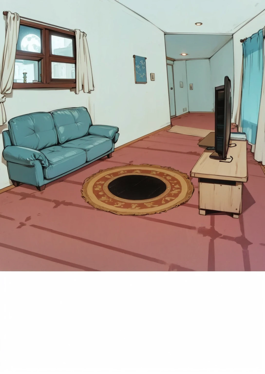 a room in a house at night a sofa,a round rug and a TV and the window at night with the night light