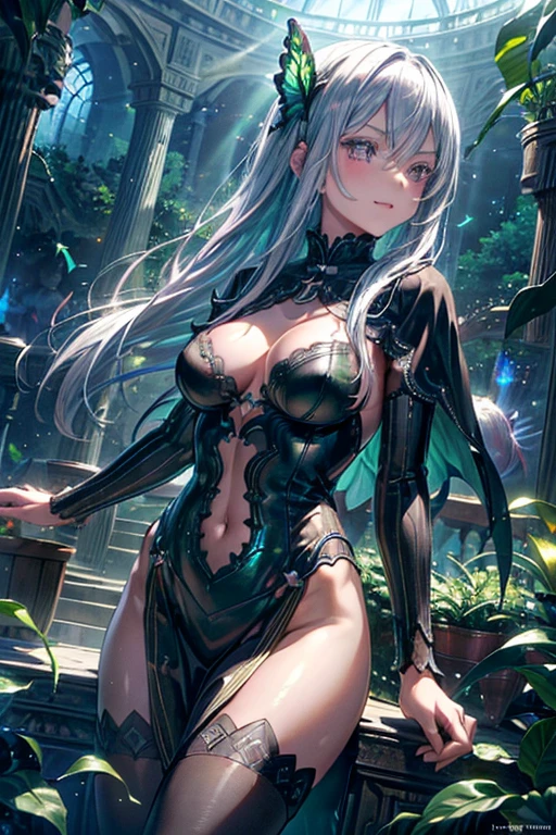 profile, 
((Highest quality)),High resolution,Sharp focus,(Super detailed,Very detailed),{best illustration},
(Very detailed CG unity 8k wallpaper),(((Vibrant colors))),Anime Style,
gleaming skin,Crisp details, (complete anatomy),Perfect Fingers,
shiny 肌,very shiny 肌,Shiny body,plastic glitter 肌,exaggerated shiny 肌,illuminated skin,
(Realistic eyes, Natural skin texture, Realistic facial details),
1woman, Beautiful and elaborate face, Perfect Eyes,((Silver Hair)),Long Hair,Echidna, Deep purple eyes, 
Butterfly Hair Ornament, (Colored eyelashes:1.1), eye shadow,Red pink lips,Big and ample breasts,Camel Toe, 
Long sleeve,Black long dress,Capelet,
(Flying debris, 超High resolution),(((Black and Green Theme))),Wear an iridescent aura,
Invisible Light, Amazing shine, Neon green glow, The colors of another world,
Bright colors, Ghostly Effects,Surreal Landscape,shining butterflies, Black T-back see-through underwear,
Arrogant look, Domineering smile, 
Sunlight filtering through the trees in a greenhouse,A room filled with plants,White table,Ornate white chair,　Tea cup,Saucer, sitting,